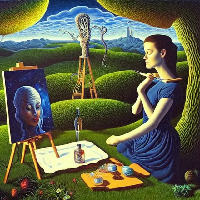 Image similar to an oil on canvas portrait of a man painting a portrait of a beautiful woman in the garden, surrealism, surrealist, lovecraftian, cosmic horror, rob gonsalves, high detail