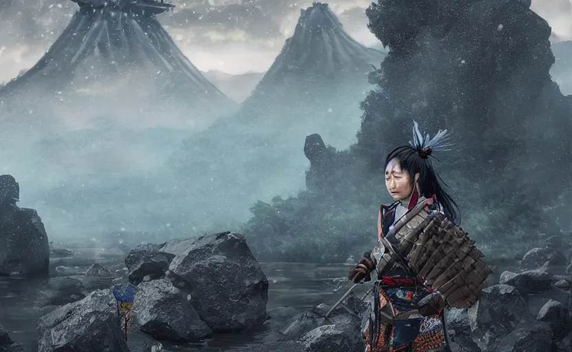 Image similar to highly detailed digital illustration of native japanese woman shinobi warrior standing in wet japanese battlefield from sengoku period, surrounded by dense rock formations, high in mountains, blue night, cinematic lighting, photobash, raytracing, volumetric lighting