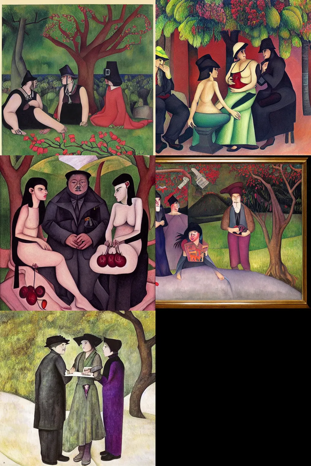 Prompt: an hd painting by diego rivera. three goths loitering in the shade, talking beneath a cherry tree outside a blockbuster video store.
