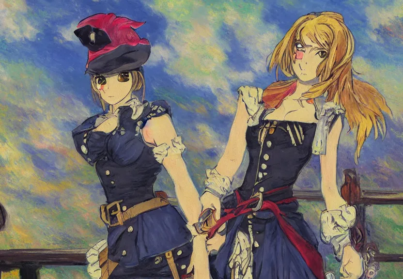 Image similar to wide angle perspective of a female pirate, a thrifty uniform, somewhat of an anime in impressionist style, trending artwork, made with anime painter studio, by claude monet and an anime artist, collaboration