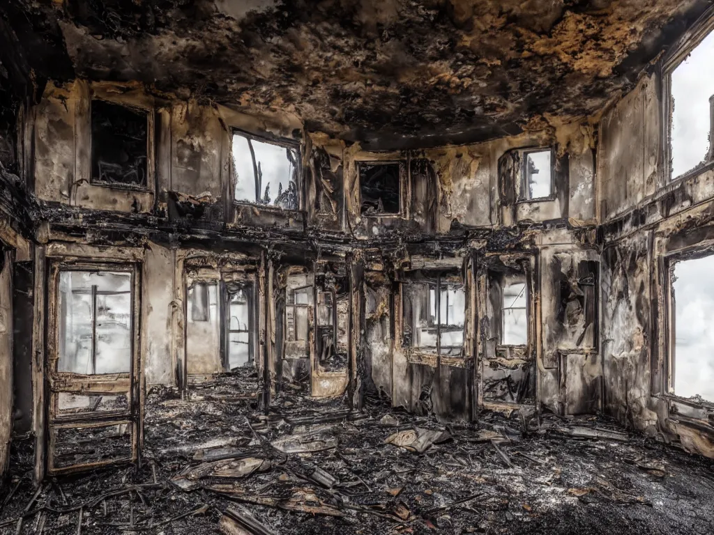 Prompt: burnt out building, interior shot, canon, award winning!!, no fire, no smoke, photography, realism, dslr photo, 8 k, journalism