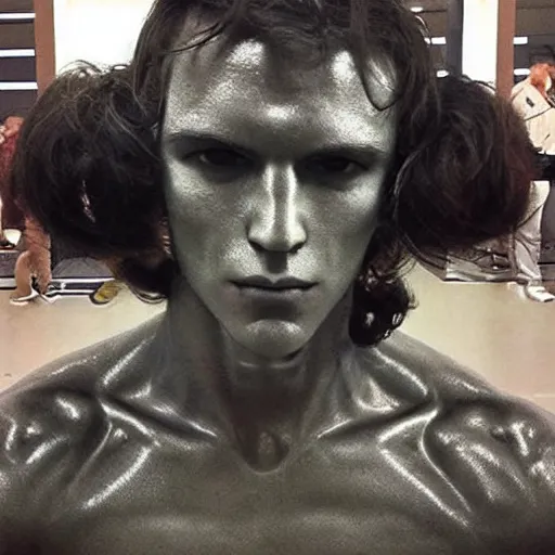 Image similar to “a realistic detailed photo of a guy who is an attractive humanoid who is half robot and half humanoid, who is a male android, American freestyle and folkstyle wrestler from Oklahoma AJ Ferrari, shiny skin, posing like a statue, blank stare, at college, on display”