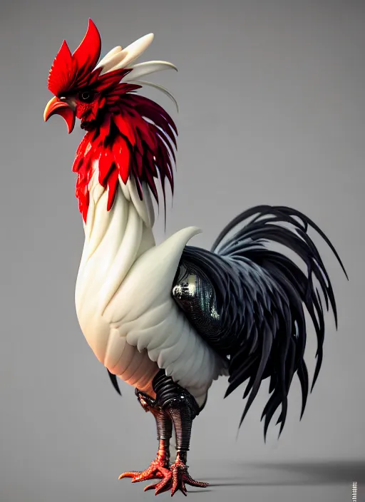 Image similar to hyper detailed ultra sharp portrait of a beautiful fashionable porcelain ivory cyberpunk scifi rooster, well contoured smooth colorful feathers, up close shot, sharp focus, global illumination, radiant light, black haute couture, alexandre ferra, irakli nadar, octane render, 4 k, ultra hd,