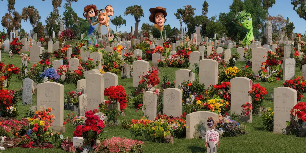 Image similar to pixar surreal caricatures in a western coral theme, cemetery