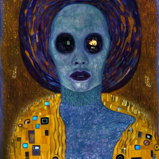 Image similar to painting of a friendly alien in the style of gustav klimt