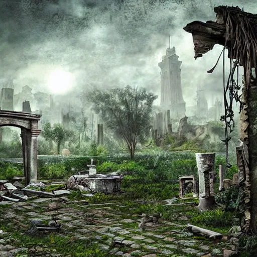 Prompt: a cat living in a post apocalyptic world, ruines, lush trees and beautiful gardens, remnants of the old civilization that once lived, highly detailed photograph.