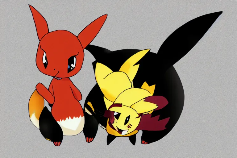 Prompt: zorua the black and maroon fox - like pokemon playing with a yellow and black pikachu, digital anime art