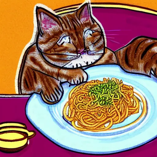 Image similar to obese cat sitting in behind a plate of indomie mi goreng noodles on toast, traditional artstyle