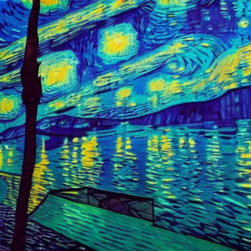 Image similar to vaporwave dreamscape, urban decay, by van gogh