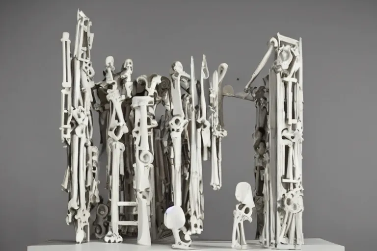 Image similar to a louise nevelson sculpture made of bones painted white, dramatic lighting, highly detailed