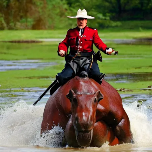 Prompt: a mountie!!!! riding on a hippo!!!!!!!