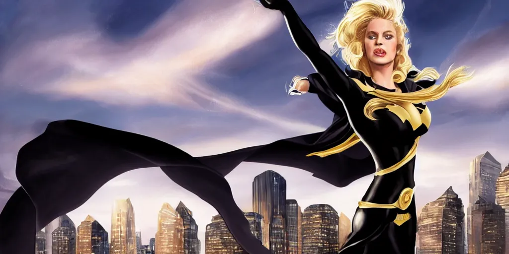 Prompt: Alex Ross style painting of a Beautiful blonde female, wearing a black cape with a tight black blouse and a black skirt with a gold belt and long gold gloves, flying through tall sky scrapers Valkyrie , digital art