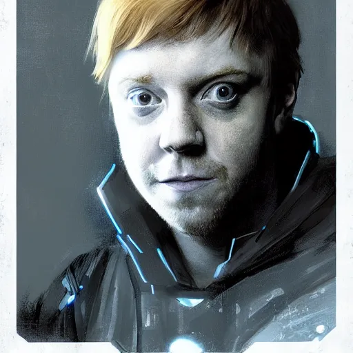 Image similar to portrait of Rupert Grint as Ron Wisly with visor in cyberpunk, neon lighting, night city, digital art from artstation by Ruan Jia and Mandy Jurgens and Artgerm and william-adolphe bouguereau and Greg Rutkowski