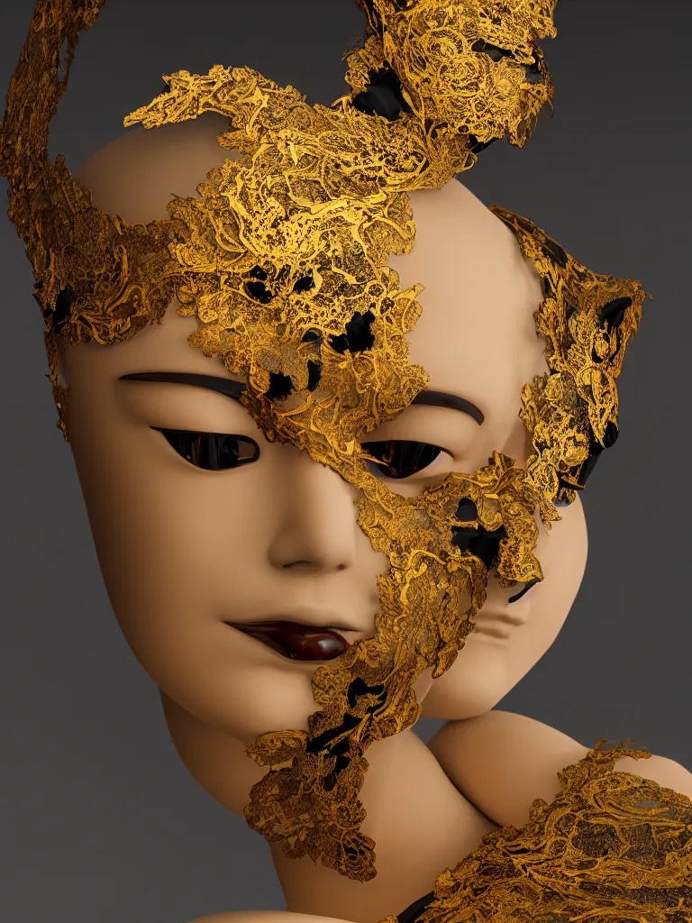 Image similar to a beautifully sculpted mannequin made of onyx with gold lace masquerade face mask, serene desert setting, kintsugi, innovative avant - garde art, photorealistic portrait, crisp quality and light reflections, clean linework, finely detailed, confident, ornamented, opulent, 4 k, rule of thirds, trending on artstation, volumetric lighting, octane render