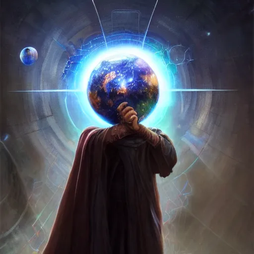 Image similar to the creator of worlds wearing a cloak and holding a holographic planet projection in his hand, detailed, sci - fi, digital painting, artstation, sharp focus, illustration, ominous, artgerm, tomasz alen kopera, peter mohrbacher, donato giancola, joseph christian leyendecker, wlop, frank frazetta