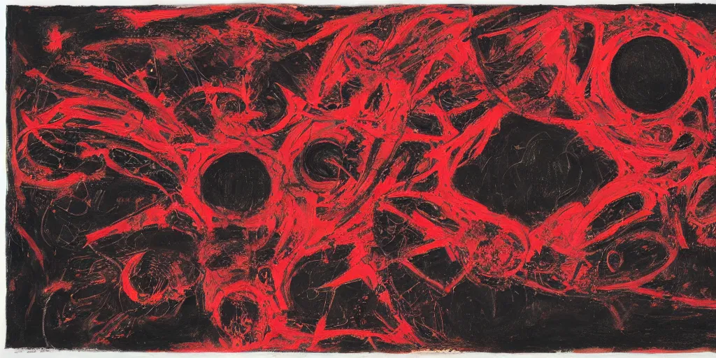 Image similar to a black and red crimson biomechanical talisman of eternal knowledge, aurora borealis, eclipse by maggi mcdonald, jackson pollock, mark rothko, sabina klein