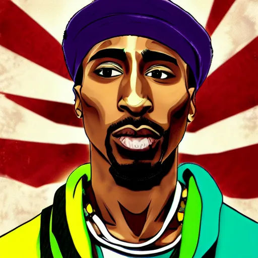 Prompt: Tupac Shakur, screenshot from a 2012s anime, digital art