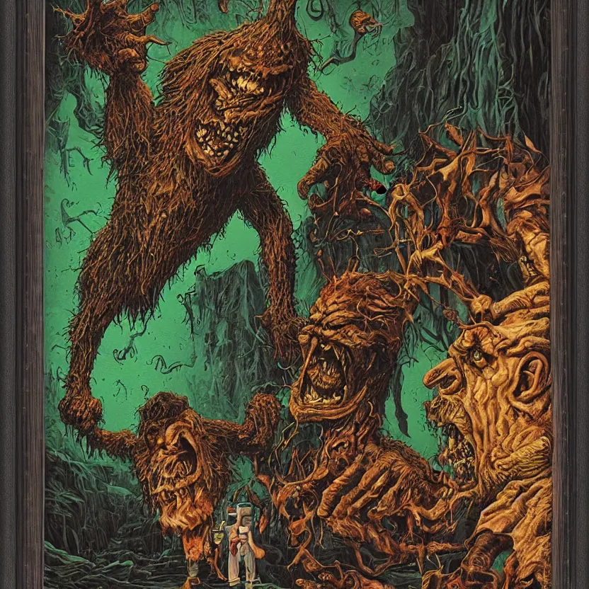 Image similar to a monster reaching through a framed painting. goosebumps cover art by tim jacobus, richard corben. pulp horror art.