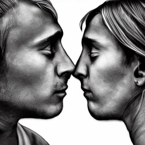 Image similar to perfectly centered symmetrical split male and female portrait of man and woman in love sharing one heart ; digital painting, photorealistic, highly detailed