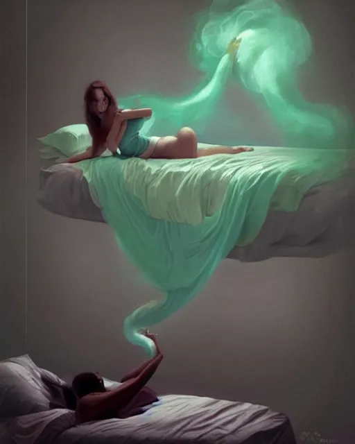 Prompt: a woman floating abover her bed at night, astral projection, green smoke! surreal concept art, lifelike, photorealistic, digital painting, aesthetic, smooth, sharp focus, artstation hd, artgerm and by greg rutkowski, bruce pennington, valentina remenar, rhads, asher duran,