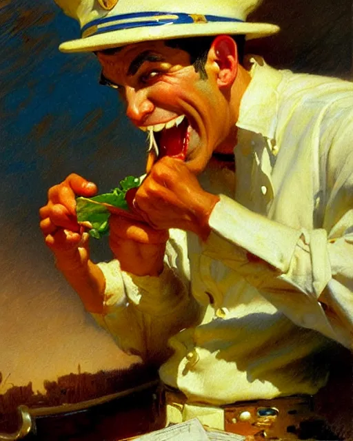 Image similar to attractive popeye the sailor man eating a spinach salad, painting by gaston bussiere, craig mullins, j. c. leyendecker,