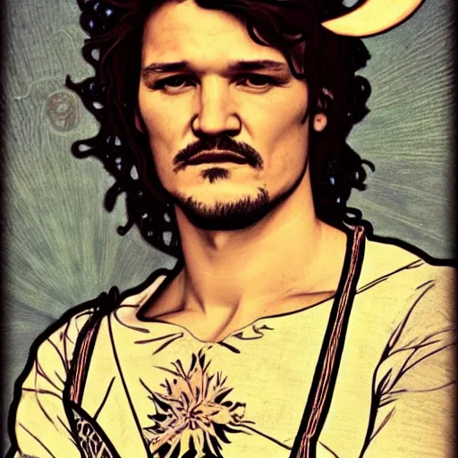 Image similar to pedro pascal portrait by louis - theophile hingre and alphonse mucha, realistic, sharp focus, zodiac signs, tarot cards, planets, ethereal, art nouveau, magic, moon, sun, crown, dreamy, royal, jewellery