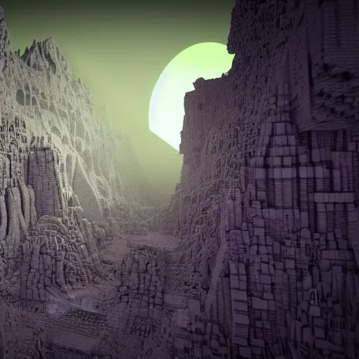 Image similar to inception lovecraft city carved from rock underground another inverted upside down above, voxel render, cinematic warm volumetric lighting