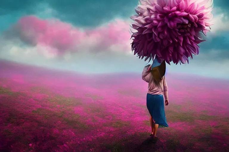 Image similar to giant dahlia flower on her head, girl walking on mountain, surreal photography, pink storm clouds, dramatic light, impressionist painting, digital painting, artstation, simon stalenhag