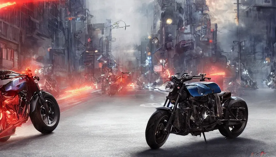 Image similar to single wheel motorcycle concept design and Japanese engineering in the streets of fire movie 8k, a highly detailed epic cinematic digital painting artwork