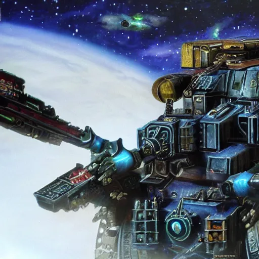 Image similar to Photorealistic, Warhammer 40k Batttlebarge, Space