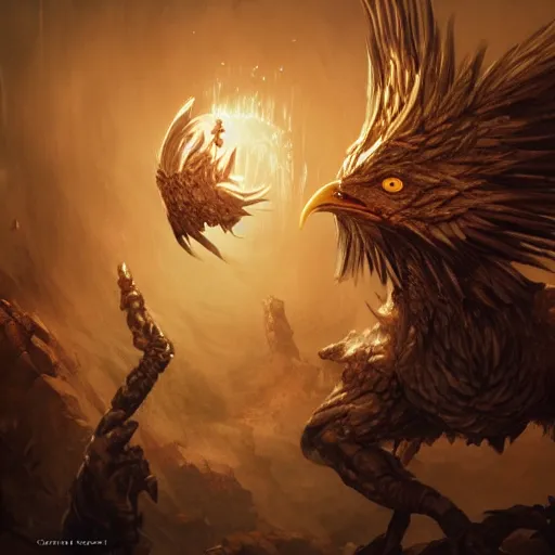Image similar to Anthropomorphized chicken casting epic spell, magic the gathering artwork, D&D, fantasy, cinematic lighting, centered, symmetrical, highly detailed, digital painting, artstation, concept art, smooth, sharp focus, illustration, volumetric lighting, epic Composition, 8k, art by Akihiko Yoshida and Greg Rutkowski and Craig Mullins, heroic pose, oil painting, cgsociety, magic laboratory background