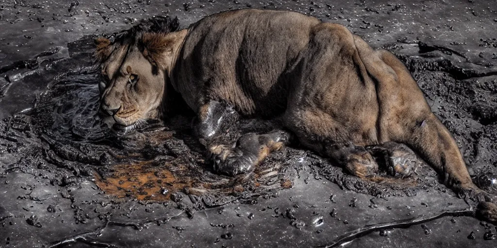 Image similar to a black ferrofluid lioness made of ferrofluid bathing inside the tar pit, full of tar, covered with ferrofluid. dslr, photography, realism, animal photography, color, savanna, wildlife photography