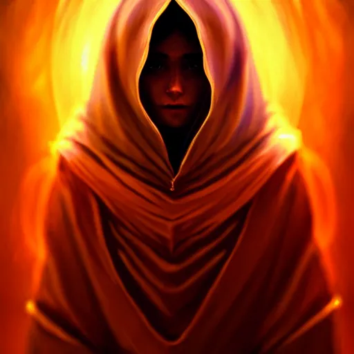 Image similar to ( a priestess with a hood that covers half her face carries an incense burner that emits a pleasantly colored flame. ) by anato finnstark, photorealistic, fullbody portrait, dynamic lighting, beautiful, trending on artstation, wallpaper, 4 k, award winning, digital art, golden hues, firm line