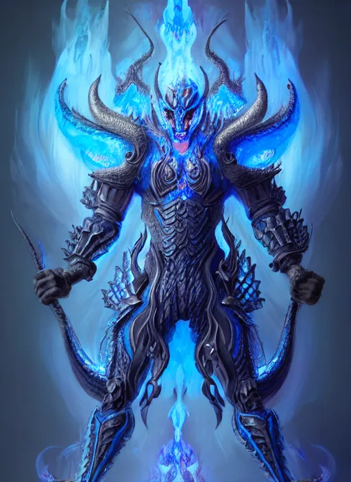 Image similar to muscular and tall blue ghostly fire humanoid dragon!!!! draconian!! intricate ornate iridescent heavy armor!! character concept art, sharp focus, octane render! unreal engine 5! highly rendered!! trending on artstation!! detailed linework!! illustration by artgerm, wlop, and chie yoshii