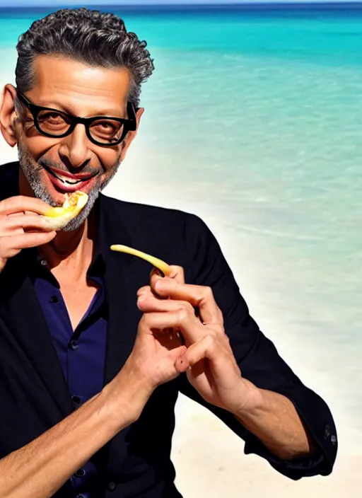 Image similar to jeff goldblum with a finger in a banana on the sand of a beach