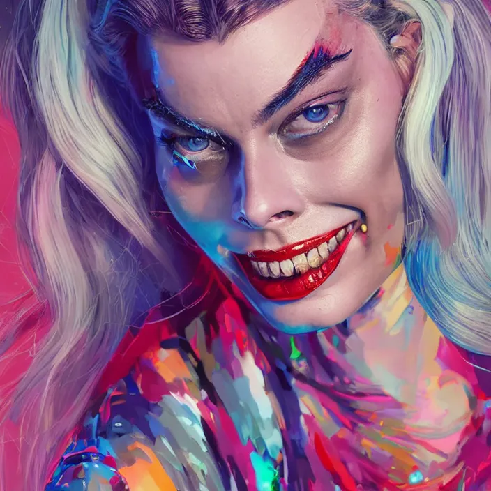 Prompt: portrait of Margot Robbie as a harley quinn. intricate abstract. intricate artwork. by Tooth Wu, wlop, beeple, dan mumford. octane render, trending on artstation, greg rutkowski very coherent symmetrical artwork. cinematic, hyper realism, high detail, octane render, 8k, iridescent accents