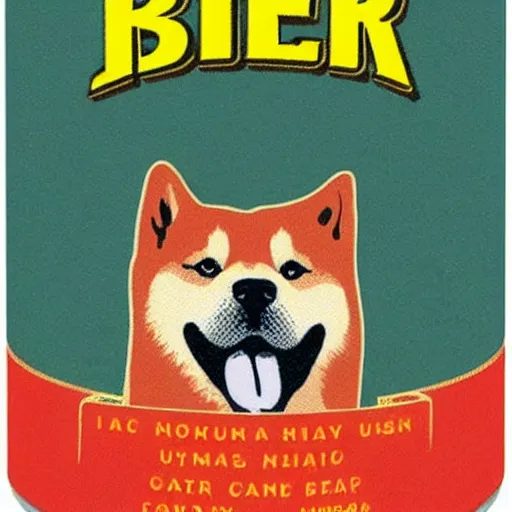 Prompt: a beer can label featuring a shiba inu