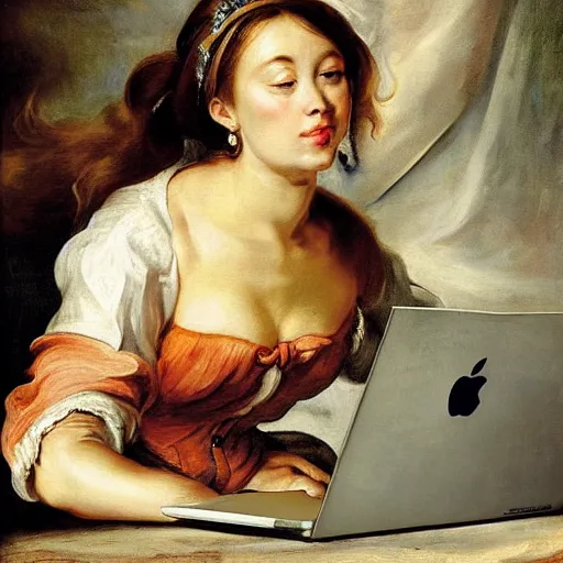 Image similar to heavenly summer sharp land sphere scallop well dressed lady working on her laptop auslese, by peter paul rubens and eugene delacroix and karol bak, hyperrealism, digital illustration, fauvist, looking at her imac laptop