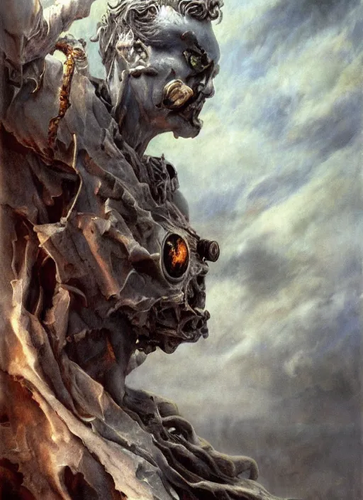 Image similar to statue of a diabolical marble stone cyborg, wearing torn white cape, dynamic pose, thunder, glowing eyes, post apocalyptic ancient ruins, glowing veins subsurface scattering, in clouds, sunset, portrait, by gerald brom, by mikhail vrubel, by peter elson, muted colors, extreme detail, trending on artstation, 8 k