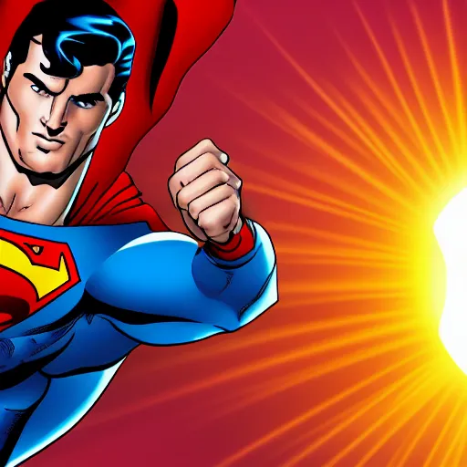 Image similar to superman floating in front of the sun, facing the camera, 4 k, highly detailed, extreme zoom