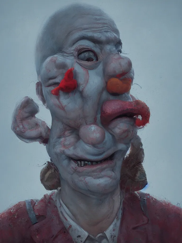 Image similar to a portrait of an helpless clown in a painting from stalenhag, 4 k, 8 k, hdr, artstation, concept art