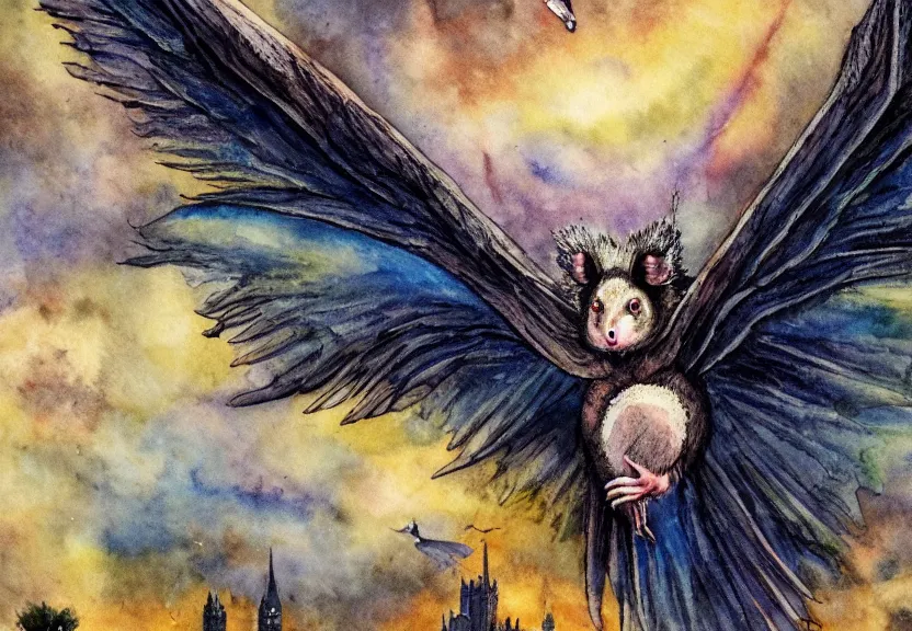 Image similar to legendary colorful winged possum flying over a medieval castle under a dark starred sky, dark fantasy, watercolor, dreaming illusion, highly detailed, 4k, trending on Artstation, award-winning