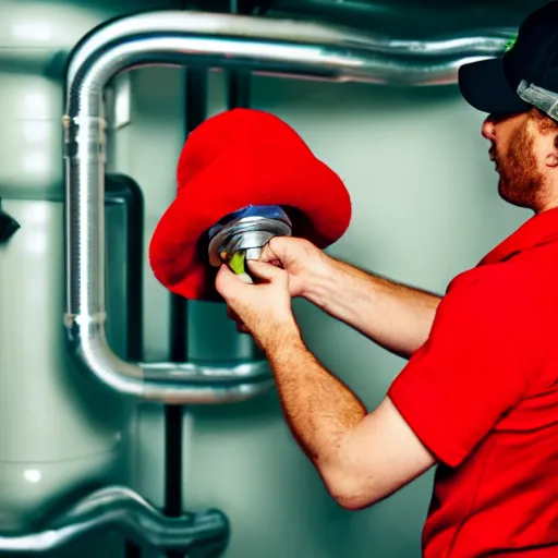 Image similar to an plumber wearing a red outfit and having a moustache and a red hat saying m, cinematography, photography, highly defined features, hdr,
