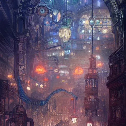 Prompt: underground city, steampunk city, so many wires, magic library, carving on southern ice porcelain , overdetailed art, by greg rutkowski, by Alfons Mucha, complementing colors, magic, colorful lights, fireflies, detailed illustration