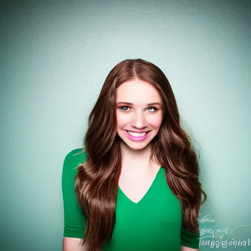 Image similar to A cute and beautiful young woman, long shiny bronze brown hair, green eyes, cute freckles, smug smile, studio lighting, studio background medium shot, mid-shot