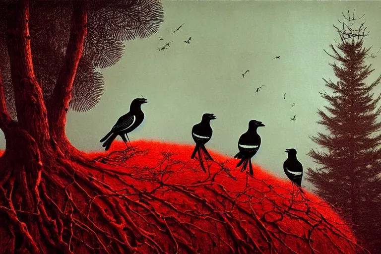 Prompt: a magpie family hosting their magpie relatives on top of a pine tree, in the style of rafał olbinski, in the style of beksinski, intricate and epic composition, red by caravaggio, insanely quality, highly detailed, masterpiece, purple light, artstation, 4 k