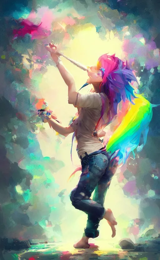 Prompt: a cute woman with rainbow hair dancing, kawaii shirt and jeans, kawaii chibi unicorn friend, In style of Yoji Shinkawa, wojtek fus, by Jordan Grimmer and greg rutkowski, concept art, highly detailed