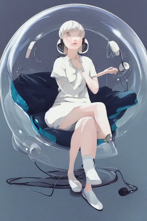 Image similar to a cute young woman listening to music in a bubble chair with her eyes closed and wearing headphones, white bob cut hair, freckles, cozy setting, blue filter, blue and white, soft lighting, cinematic, moody, nier automata, poster, oil on canvas, in the style of Ilya Kuvshinov, Krenz Cushart, Range Murata, 8k