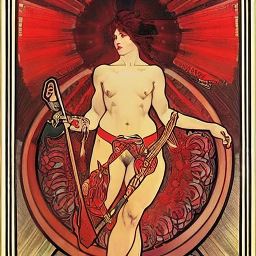 Image similar to red nunchaku warrior by alphonse mucha