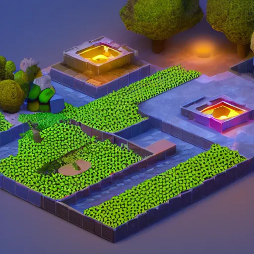 Prompt: isometric game art outdoor world with grid that separates isnalnds, lights with bloom, trending on artstation, mohamed chahin style, vray render with ambient lights and volume 4 k